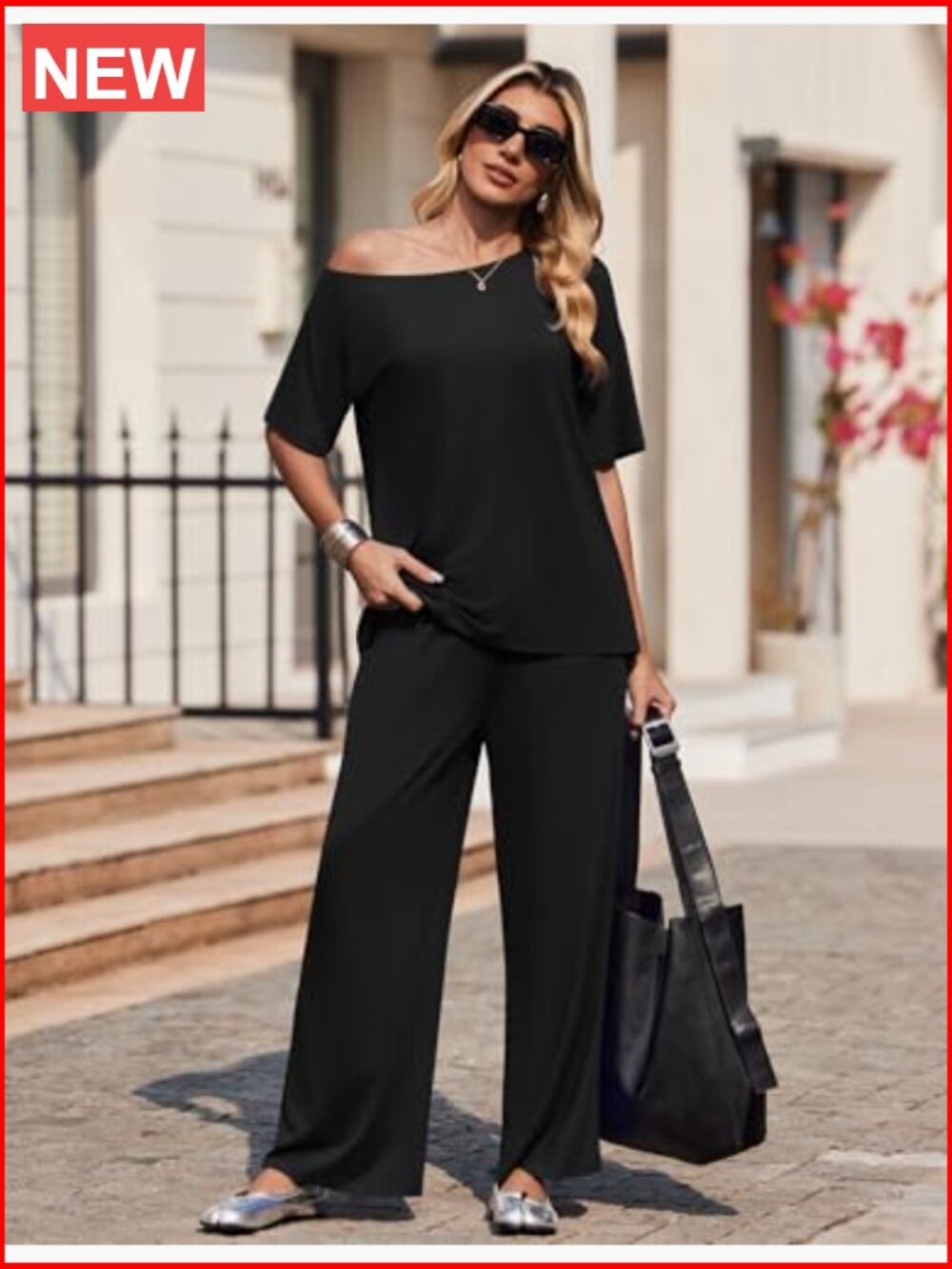 Off Shoulder Short Sleeve Top & Long Pants 2 Piece Set Lounge Sets for Women - Picture 3 of 7
